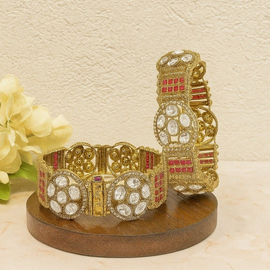 Antique Gold - Plated White & Ruby Red Stone Bangles for Women - Auraa Trends - Bangles -  - Auraa Trends - Antique Gold - Plated White & Ruby Red Stone Bangles for Women