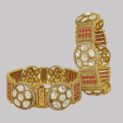 Antique Gold-Plated White & Ruby Red Stone Bangles for Women - Auraa Trends