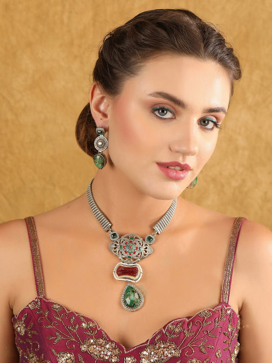 Antique Tribal-Inspired Silver Necklace Set with Gemstone Accents - Auraa Trends - Necklace Set - Necklace Necklace sets