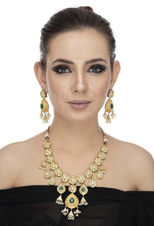 Grand Kundan Necklace Set with Green semi Precious stone