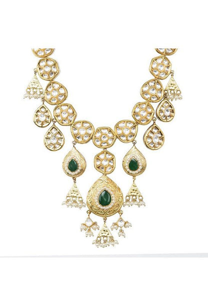 Grand Kundan Necklace Set with Green semi Precious stone