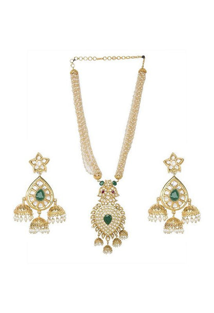 Noble Kundan Necklace Set with Green Semi Precious stone and pearl strings