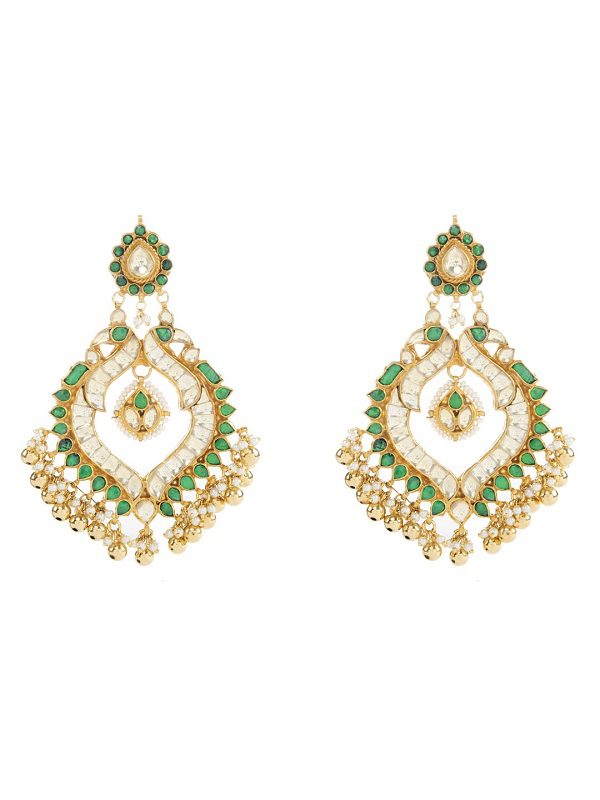Kundan Chaandbali Earring With Green Semi Precious Stone Drops