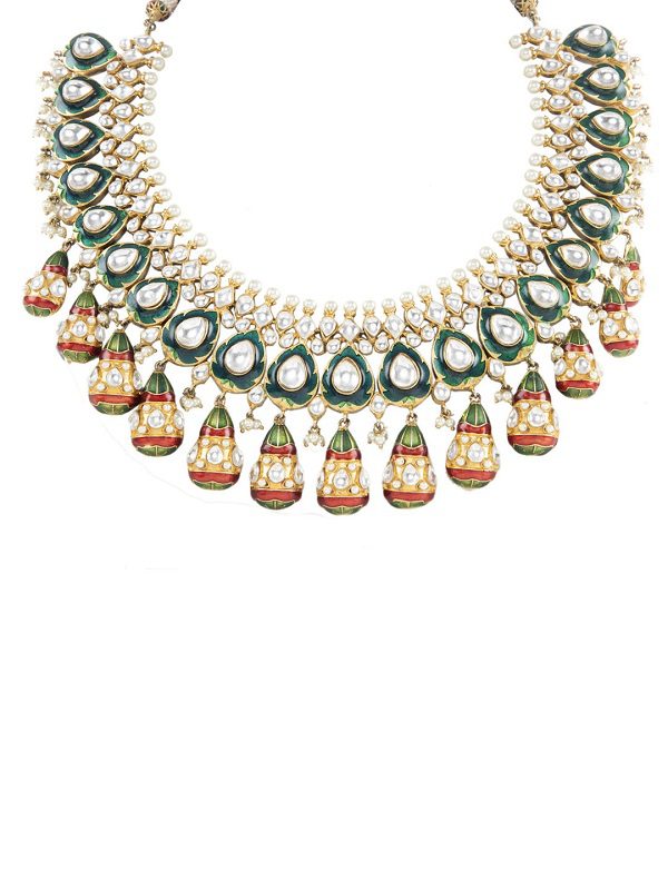 Exquisite Kundan Necklace Set With Red And Green Meena