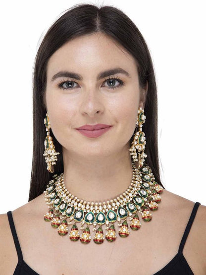 Exquisite Kundan Necklace Set With Red And Green Meena