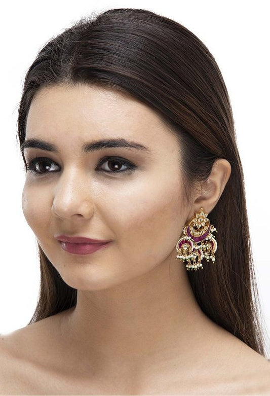 Kundan Chaandbali Earring with Red Meena