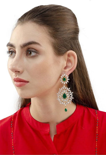 American Diamond Chandlier Earring with Green Semi Precious Stone Embelishment