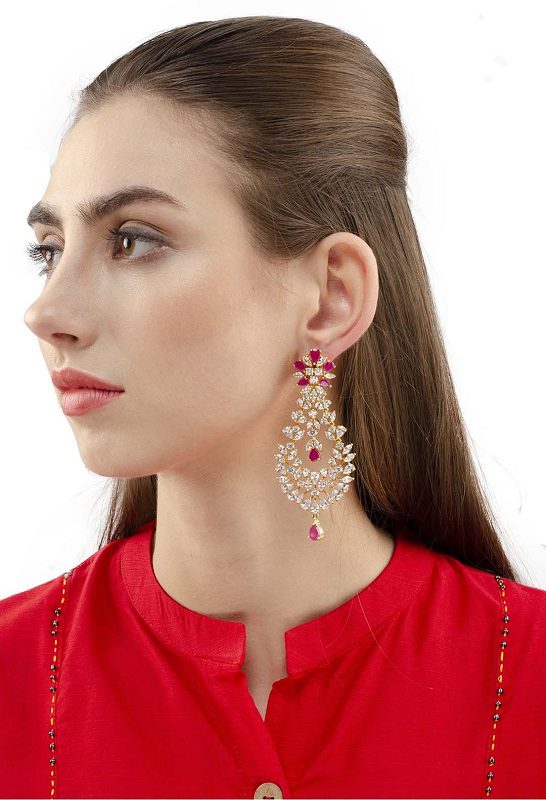 Ornate American Diamond Chandlier Earring with Red Semi Precious Stone Embelishment