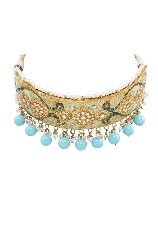 Bedazzling Blue Embelishments Kundan and Meena Choker