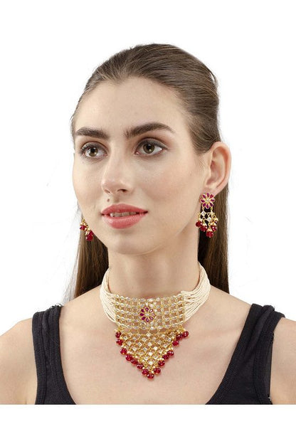 Prestigious Polki Necklace Set with Red Semi Precious Stones