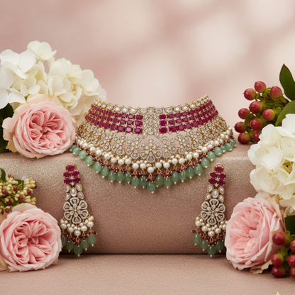 "Bridal Kundan choker necklace set with green beads, pearls, and matching earrings and maang tikka – traditional Indian jewelry for women"