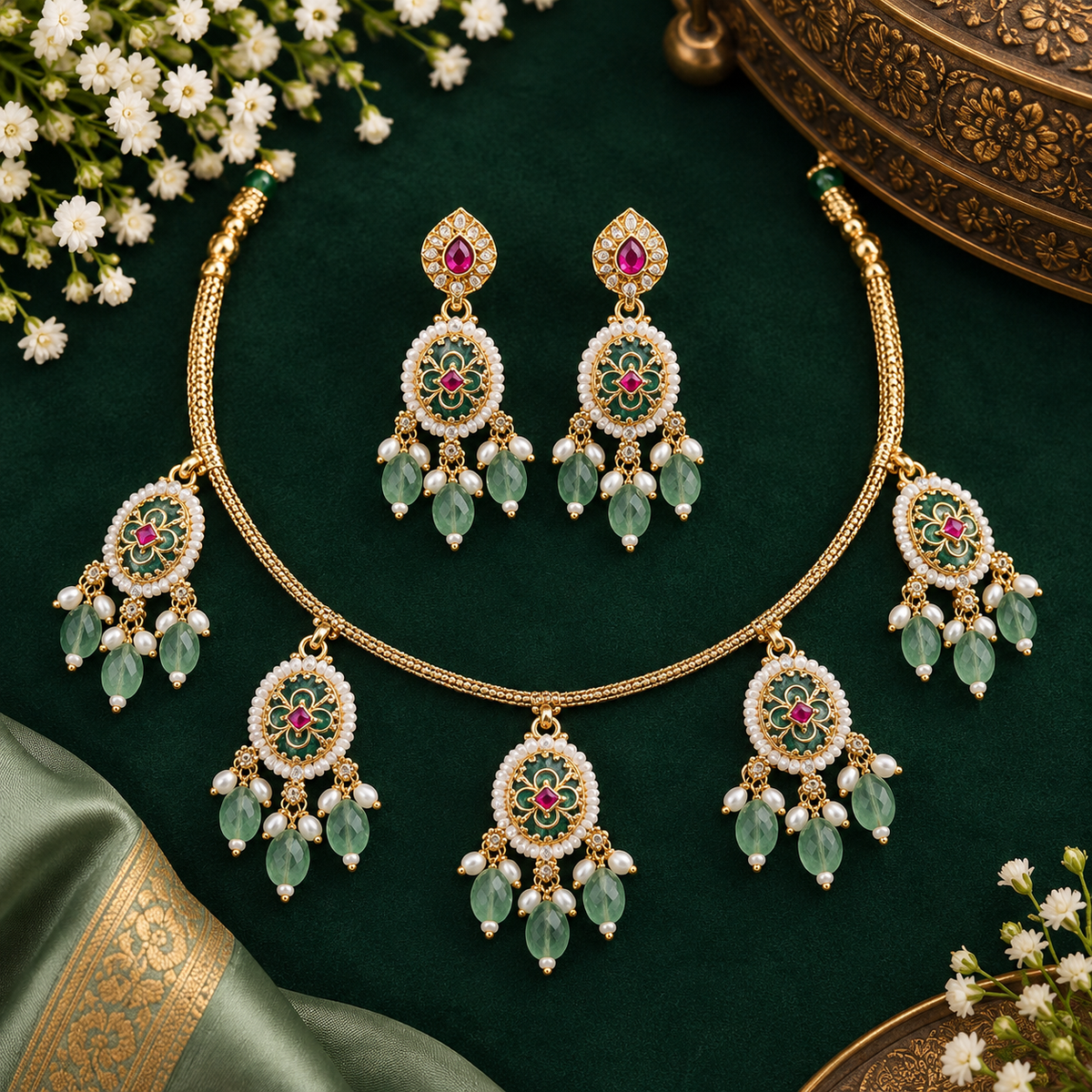 Gold plated mint green oval medallion necklace set with pink stones, green bead and pearl drops and matching earrings on a blue bust
