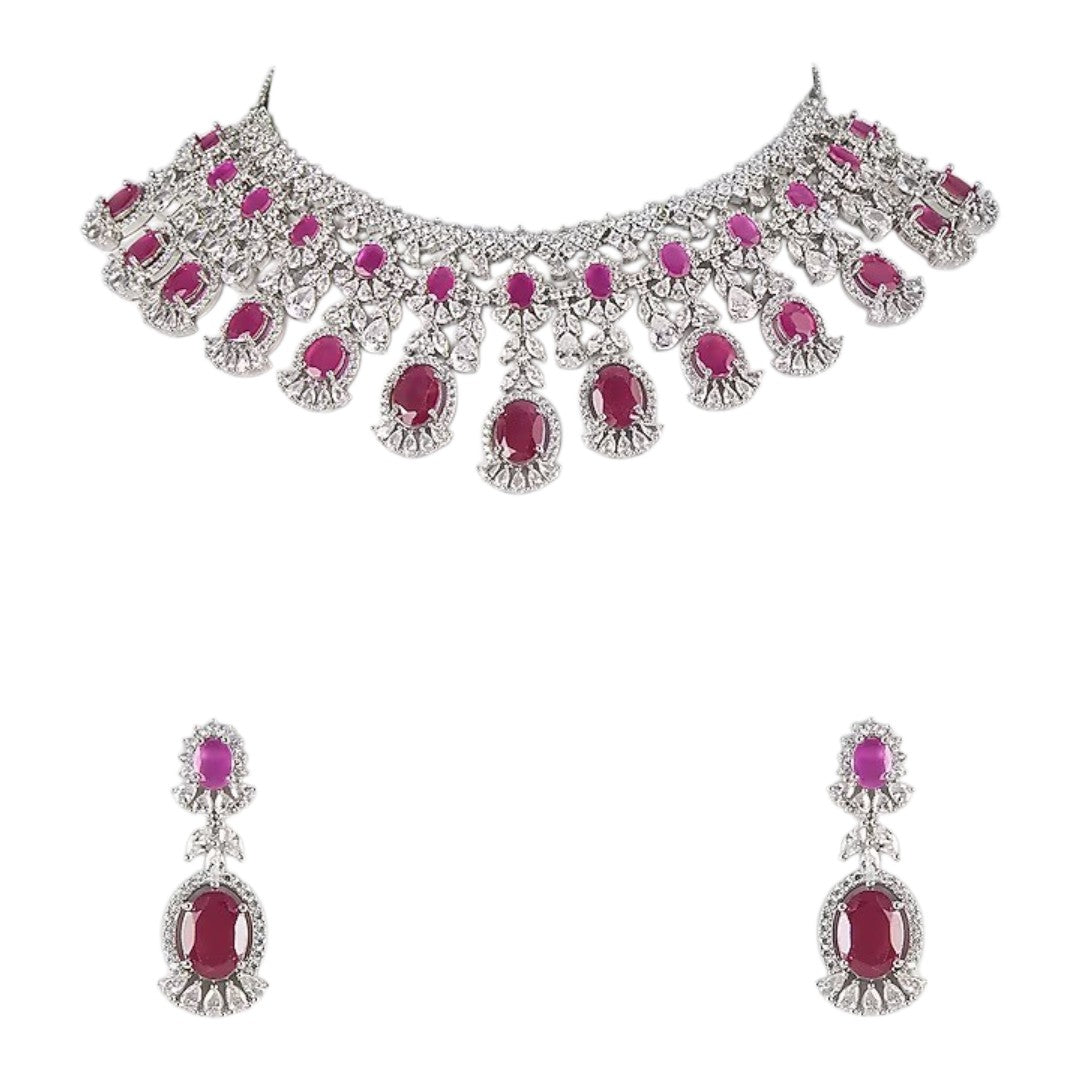 Ruby Red Statement Bridal Necklace Set with Earrings Silver-Toned Kundan Studded Choker Necklace & Dangler Earrings for Women