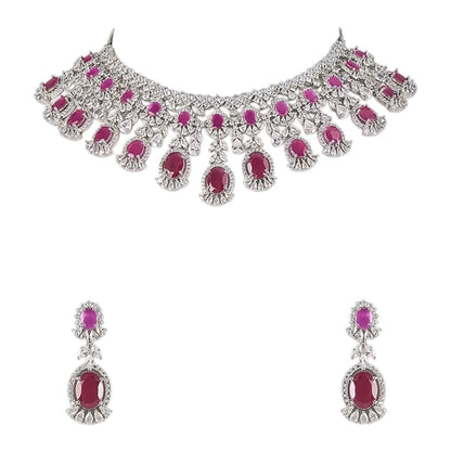 Ruby Red Statement Bridal Necklace Set with Earrings Silver-Toned Kundan Studded Choker Necklace & Dangler Earrings for Women