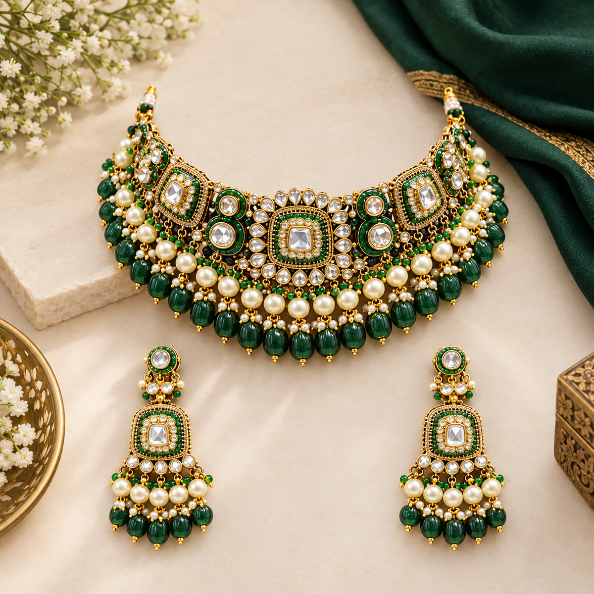 Gold kundan choker necklace set with green meenakari motifs, pearl and green bead drops and matching chandelier earrings on brown bust