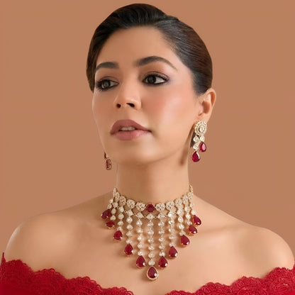 Gold finish ruby red kundan choker necklace set with cascading polki-style strands, ruby pear drops and matching drop earrings – Auraa Trends