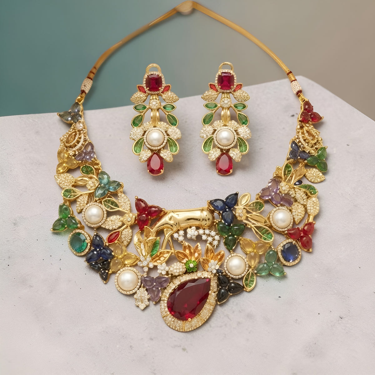 Gold plated multicolour designer necklace with ruby red teardrop centre stone, pearls and deer figure on a display bust