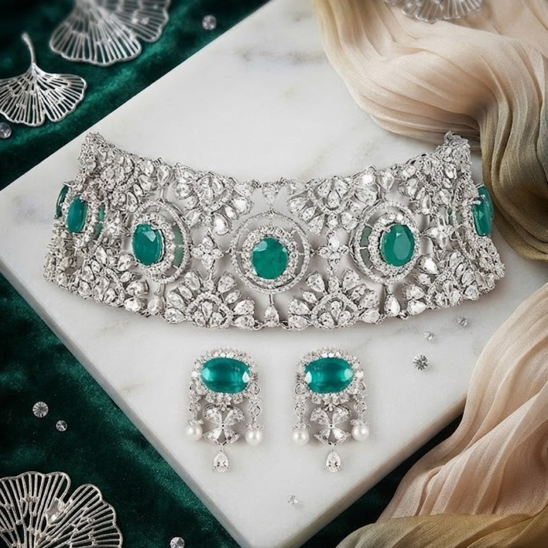Emerald Green American Diamond Choker Necklace Set with Matching Stud Earrings for Women in Rhodium Finish