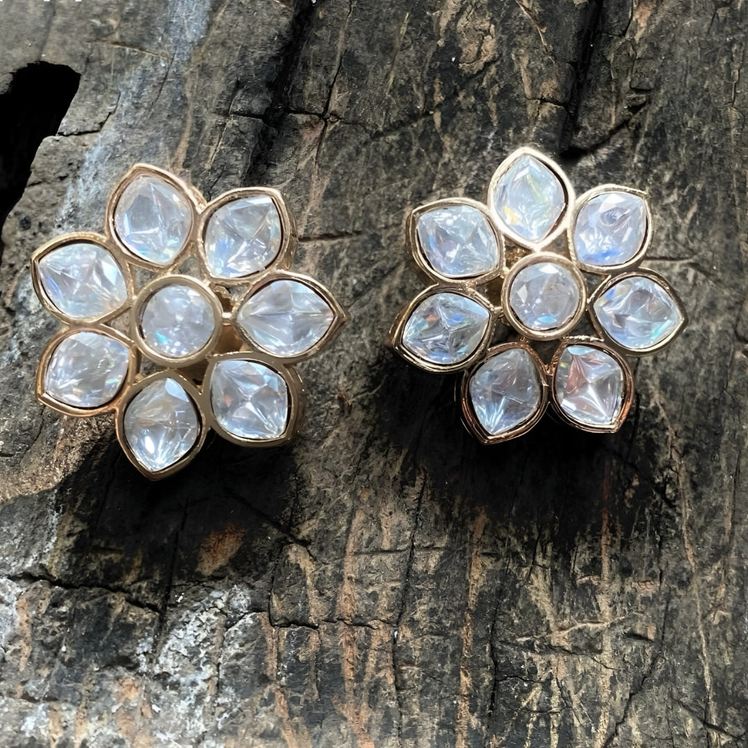 Gold-Tone Crystal Flower Earrings with Iridescent White Stones