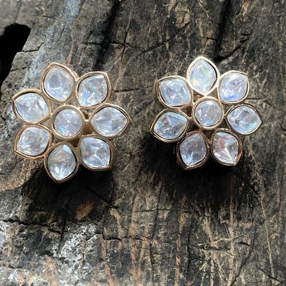 Gold-Tone Crystal Flower Earrings with Iridescent White Stones