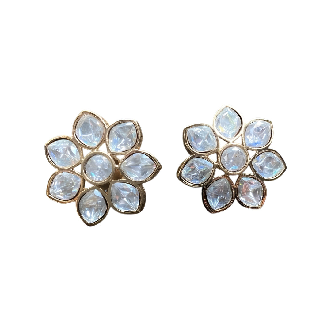 Gold-tone flower-shaped stud earrings with iridescent faceted crystal stones, front-facing pair