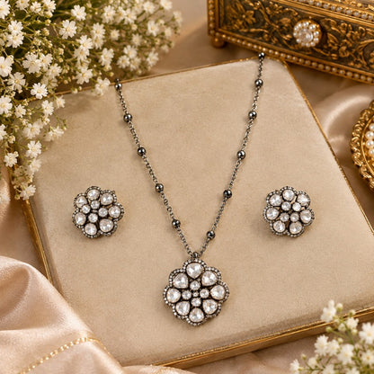 Oxidised Victorian kundan floral pendant necklace set with clear polki style stones, zircon border, bead chain and matching stud earrings