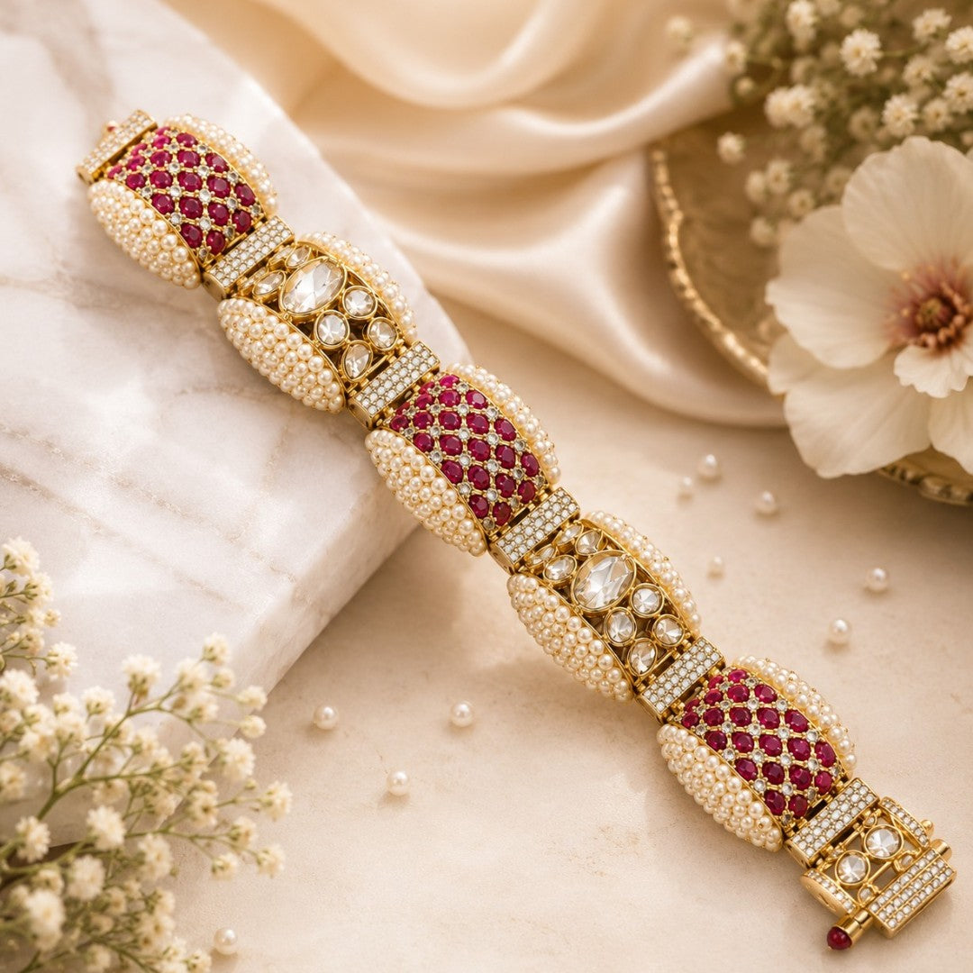 Kundan Pearl & Ruby Studded Gold-Plated Bracelet | Handcrafted Indian Bridal Jewelry