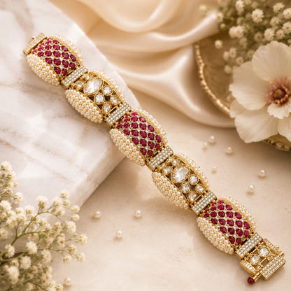 Kundan Pearl & Ruby Studded Gold-Plated Bracelet | Handcrafted Indian Bridal Jewelry