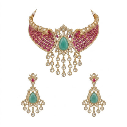 Royal Pink Kundan Choker Necklace Set with Green Stone & Pearl Drop Earrings for Women