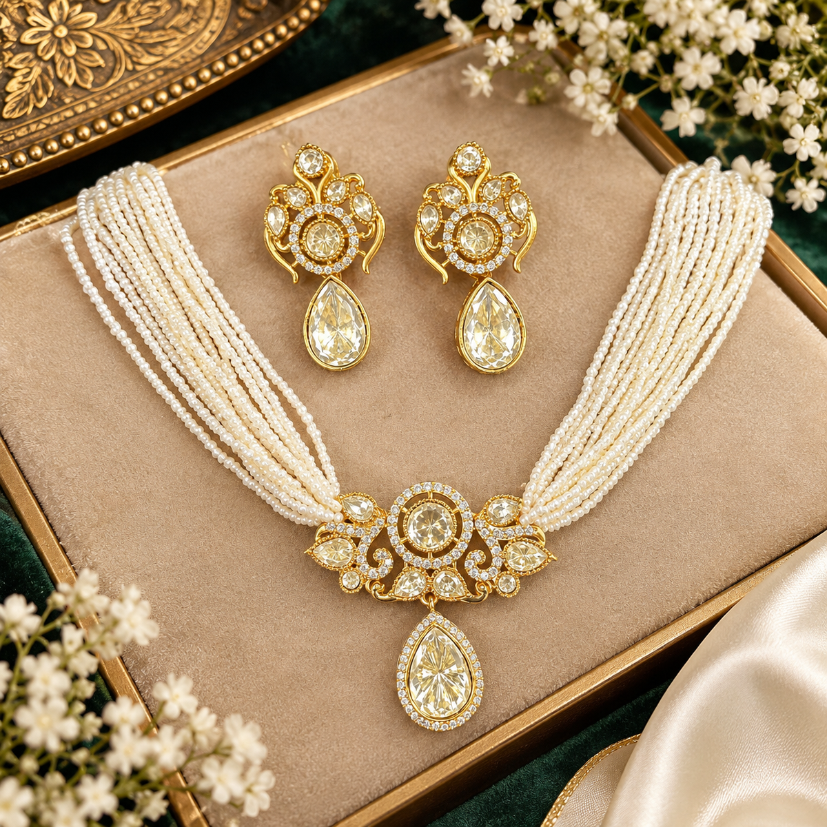Gold-finish multi-strand seed pearl polki necklace set with pear-shaped polki pendant drop and matching stud earrings