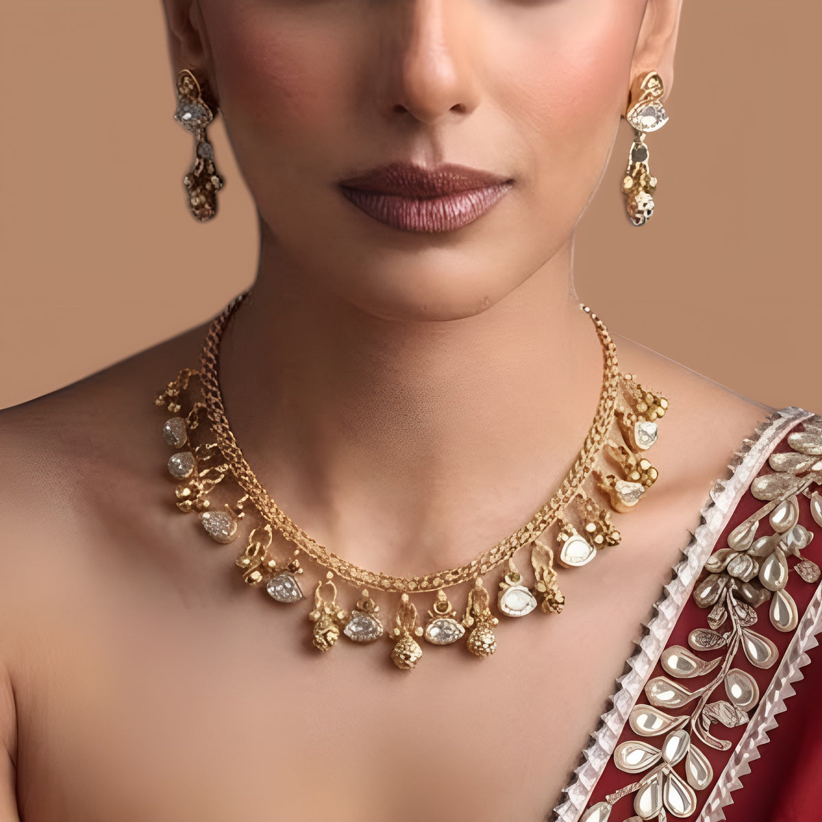 Antique gold finish necklace set with clear marquise polki stone charms and gold bead drops