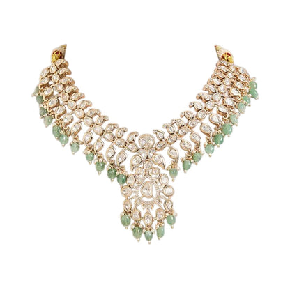 Mint green Kundan necklace set with white stones and matching earrings