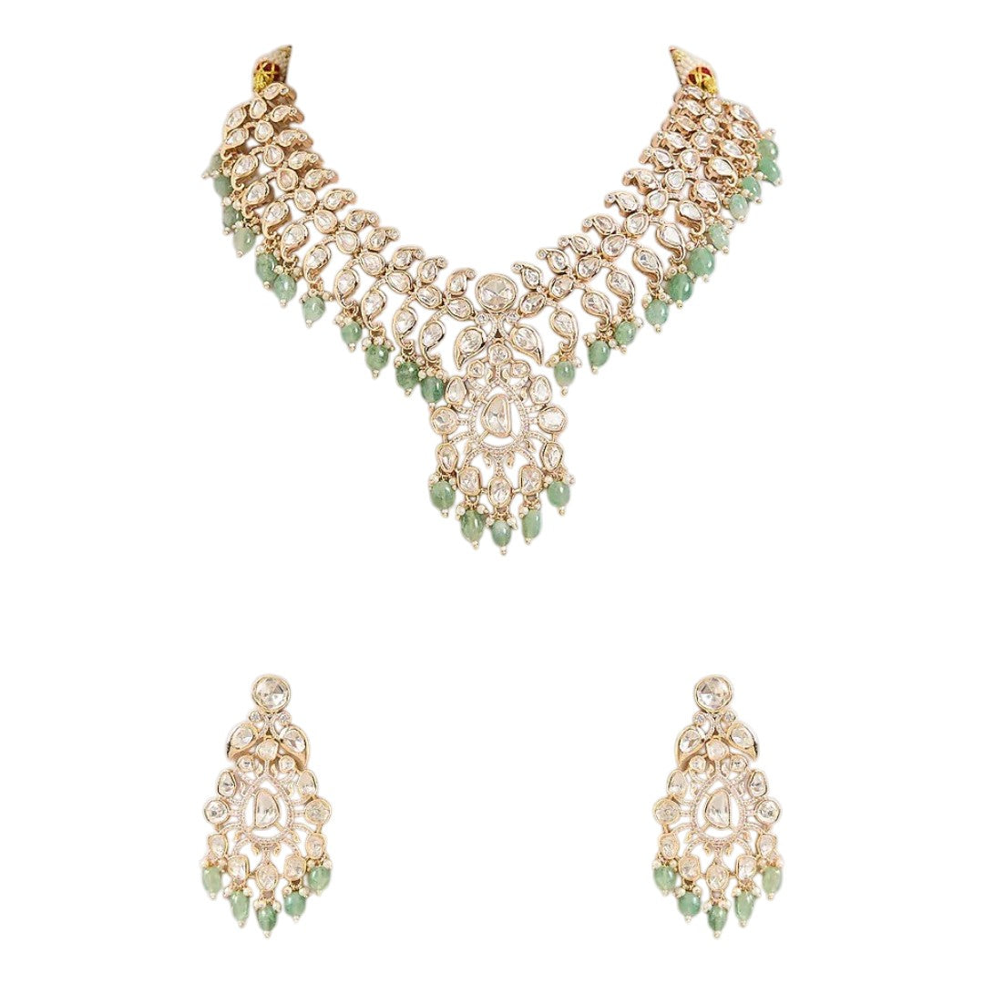 Mint green Kundan necklace set with white stones and matching earrings