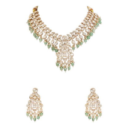 Mint green Kundan necklace set with white stones and matching earrings