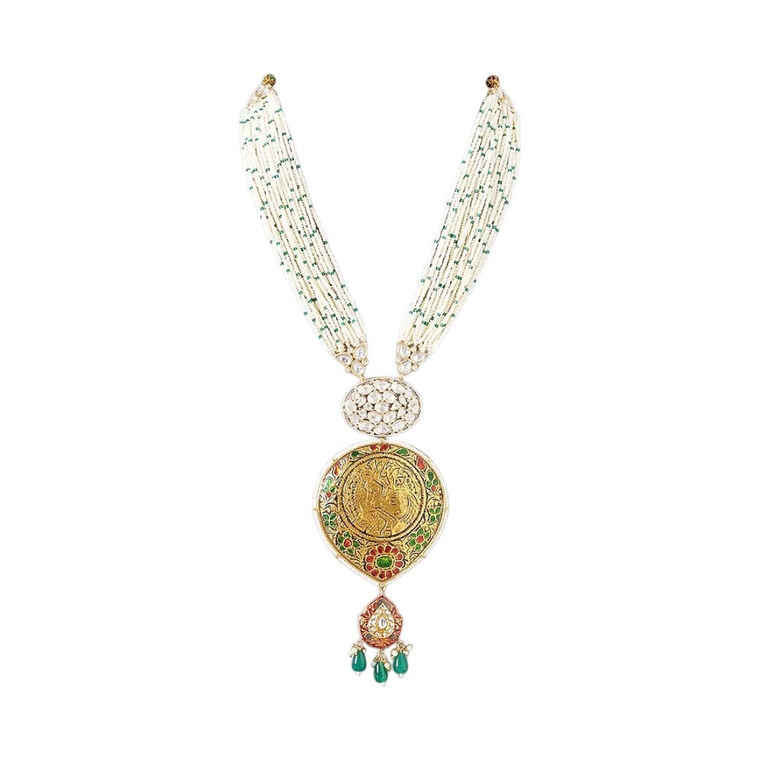 Meenakari Coin Pendant Pearl Necklace Set with Green Drops