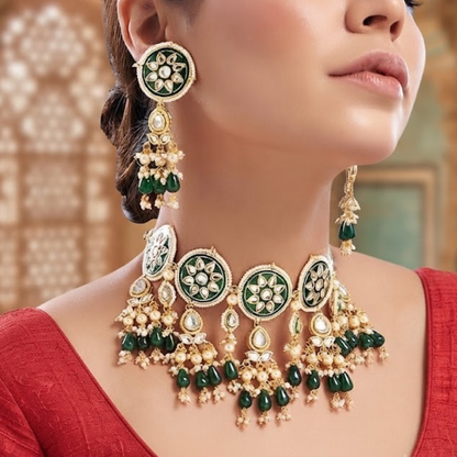 Meenakari kundan round disc choker set with green bead drops and matching earrings