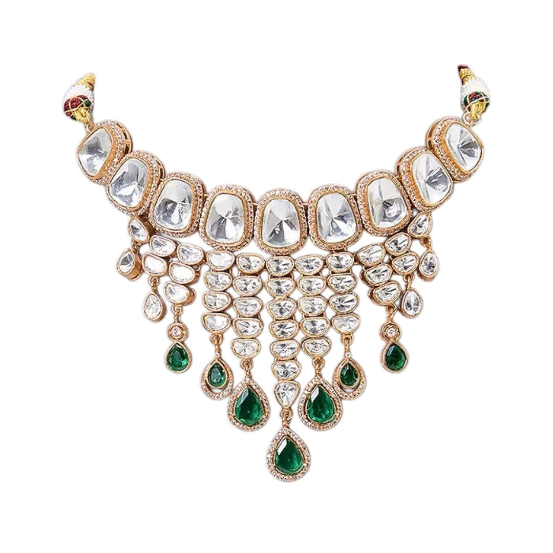 Kundan polki bridal necklace set with emerald green drops and matching earrings