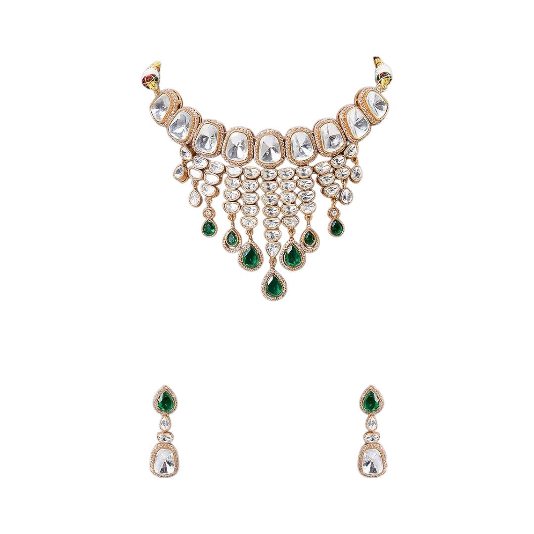 Kundan polki bridal necklace set with emerald green drops and matching earrings
