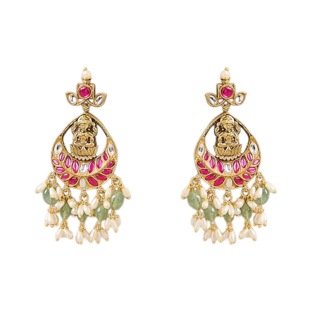Pink and green temple jewellery necklace set with goddess pendant and matching earrings