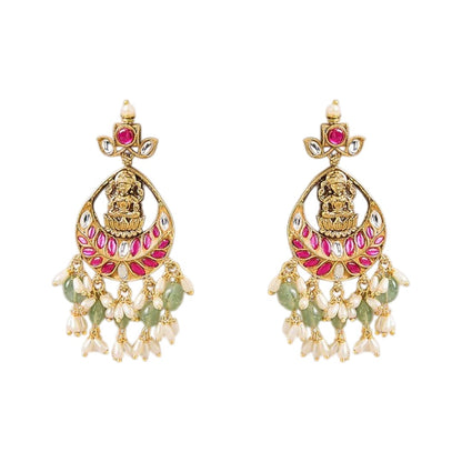 Pink and green temple jewellery necklace set with goddess pendant and matching earrings