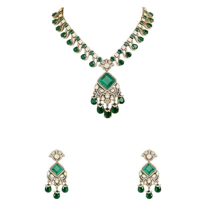 "Antique gold Kundan necklace with square-cut emerald pendant and teardrop drops, matching drop earrings"