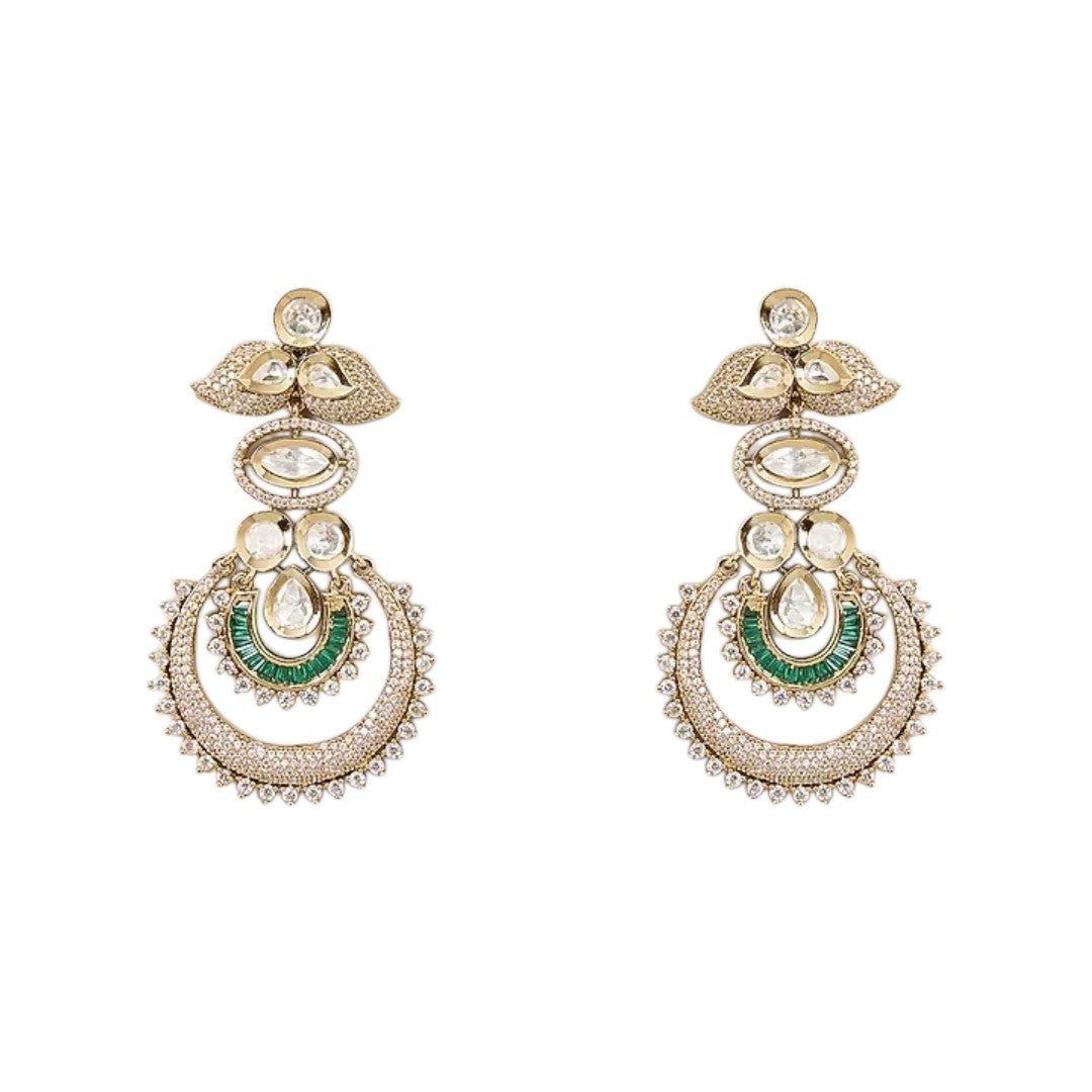"Antique gold Kundan choker necklace with green baguette crescent accents and matching chandbali drop earrings"