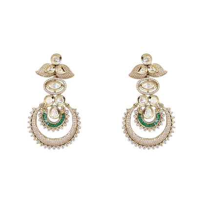 "Antique gold Kundan choker necklace with green baguette crescent accents and matching chandbali drop earrings"