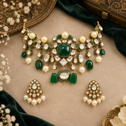 Gold finish emerald green kundan choker necklace set with polki-style stones, pearl drops, green stone drops and matching pearl drop earrings – Auraa Trends