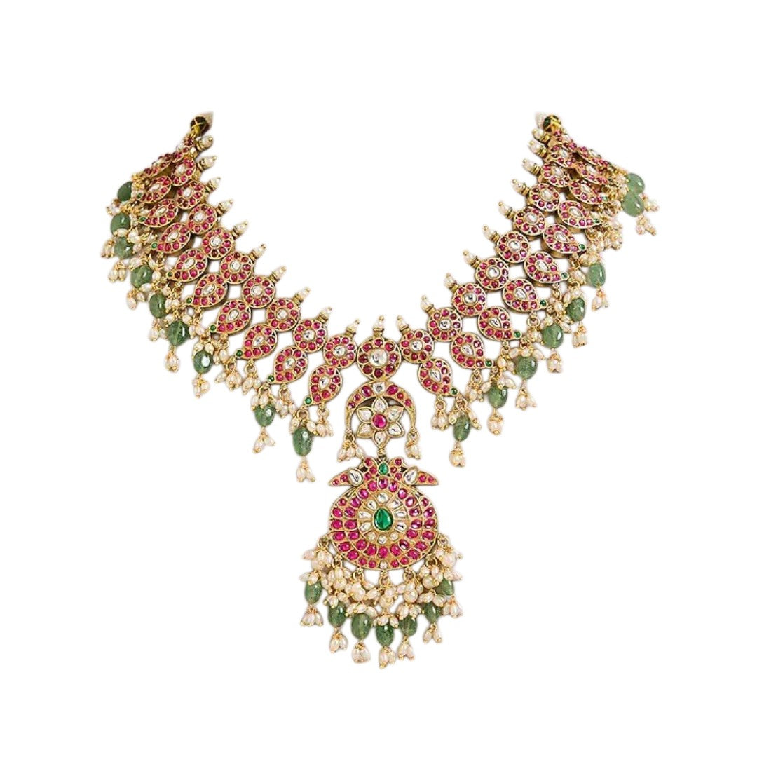 Pink Green Kundan Necklace Set with Statement Earrings