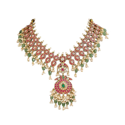 Pink Green Kundan Necklace Set with Statement Earrings