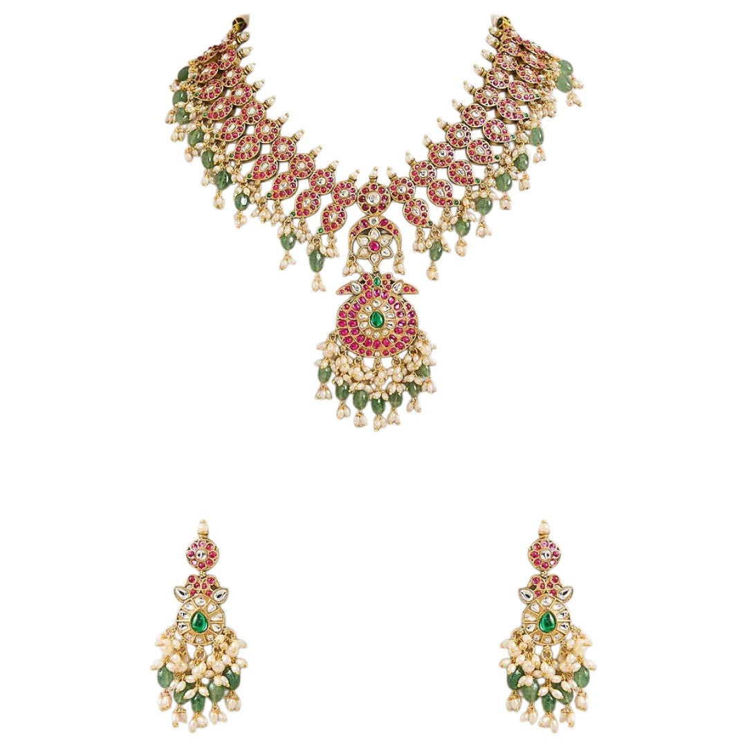 Pink Green Kundan Necklace Set with Statement Earrings