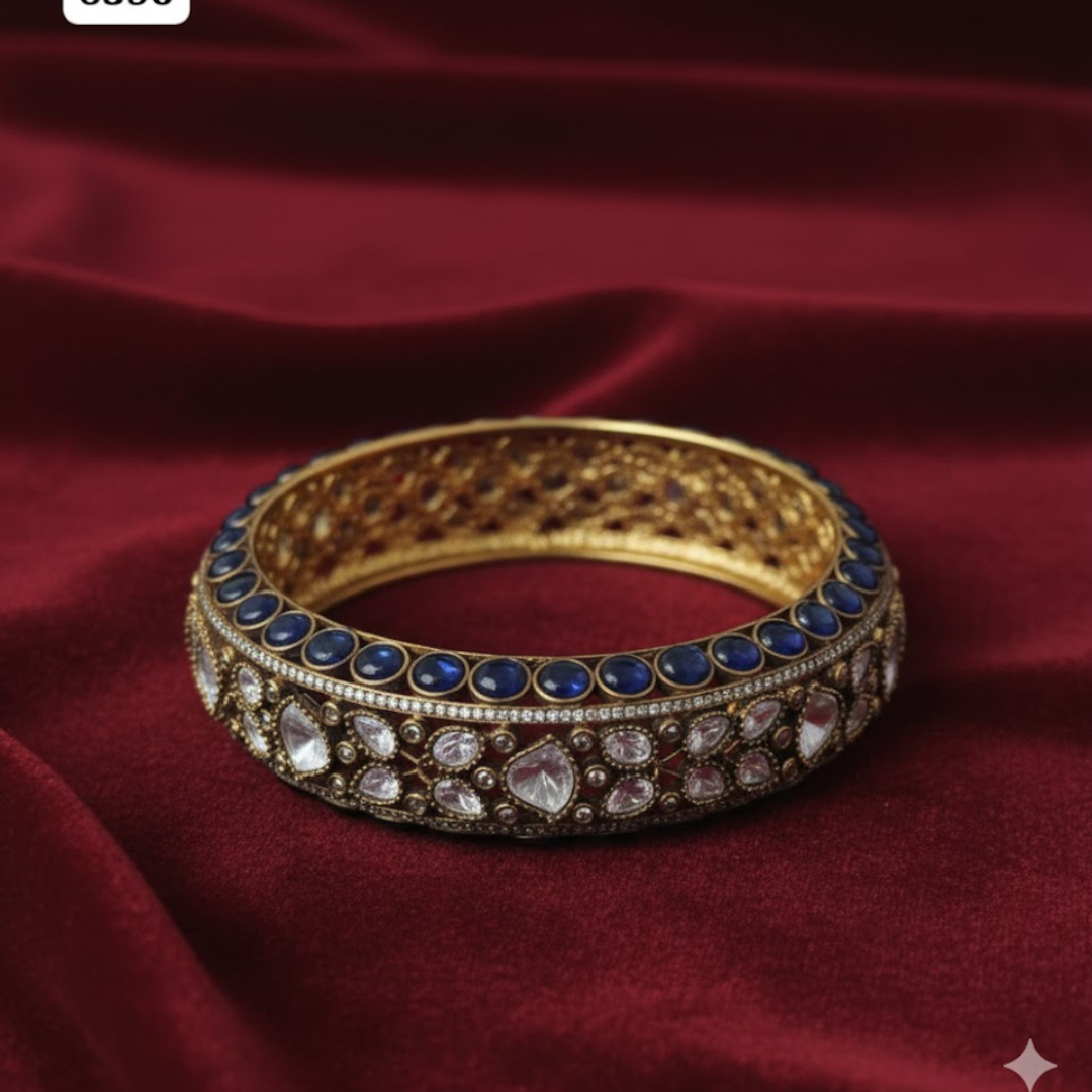 Elegant gold-plated Kundan bangles with black enamel and white stones – bridal designer kada for women