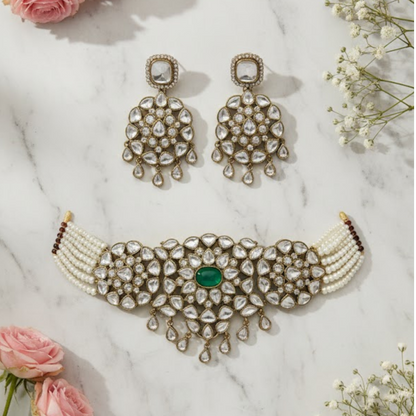 Pearl Beaded Kundan Choker Necklace Set with Green Stone and Earrings – Traditional Bridal Jewelry"