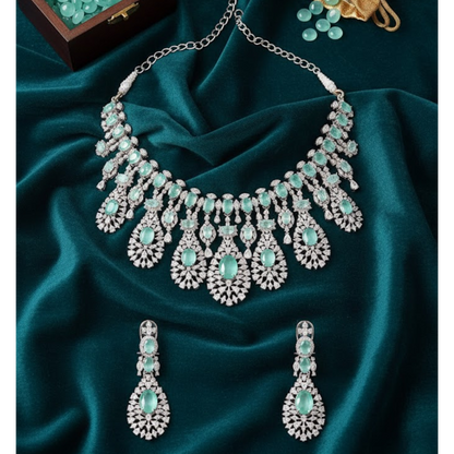 Silver-plated choker necklace set with mint green oval stones and CZ diamonds, featuring matching drop earrings for women